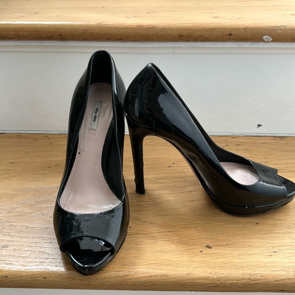 Miu Miu Shoes - Miu Miu Black Patent Leather Peep-Toe Heels. About a 4in heel. Super cute Sz 37